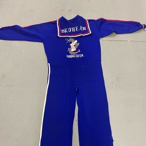 Vintage 1970s handmade Blue bellbottom jumpsuit, Korea & Minnesota Stitching